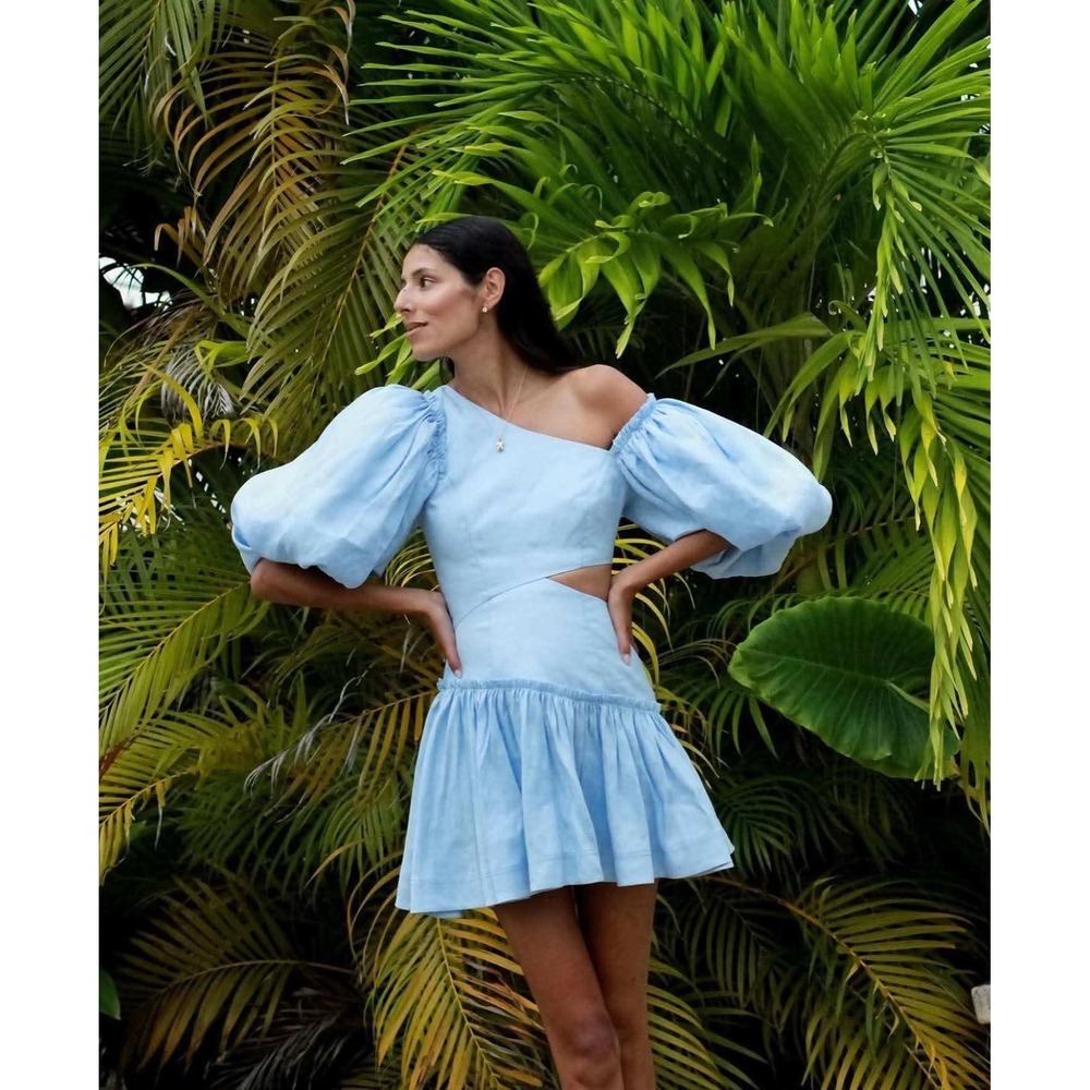 Aje Chateau puff sleeve mini dress size AU 8 US 4 linen blend powder blue $495 - Picture 2 of 8